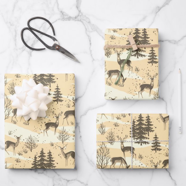 Elegant Retro Beige Cream Woodland Deer Wrapping Paper Sheet (Front)