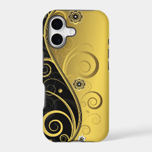 Elegant Retro Black and Gold Floral Swirl