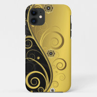 Elegant Retro Black and Gold Floral Swirl