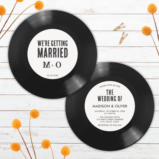 Elegant Retro Black and White Vinyl Record Wedding Invitation (Front/Back)