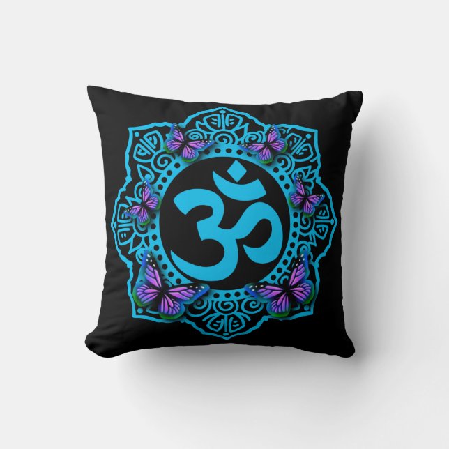 Elegant retro Blue ohm mandala purple butterflies Cushion (Front)