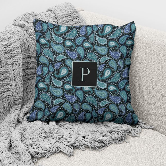 Elegant Retro Blue Paisley Pattern Monogrammed Cushion (Creator Uploaded)