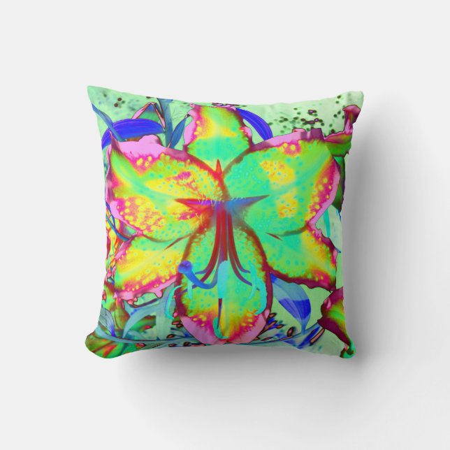 Elegant retro boho abstract green pink floral cushion (Front)