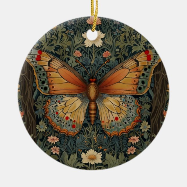 Elegant retro boho butterfly botanical greenery ceramic ornament (Front)