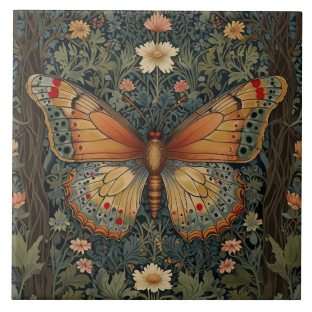 Elegant retro boho butterfly botanical greenery ceramic tile (Front)