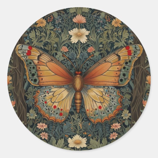 Elegant retro boho butterfly botanical greenery classic round sticker (Front)