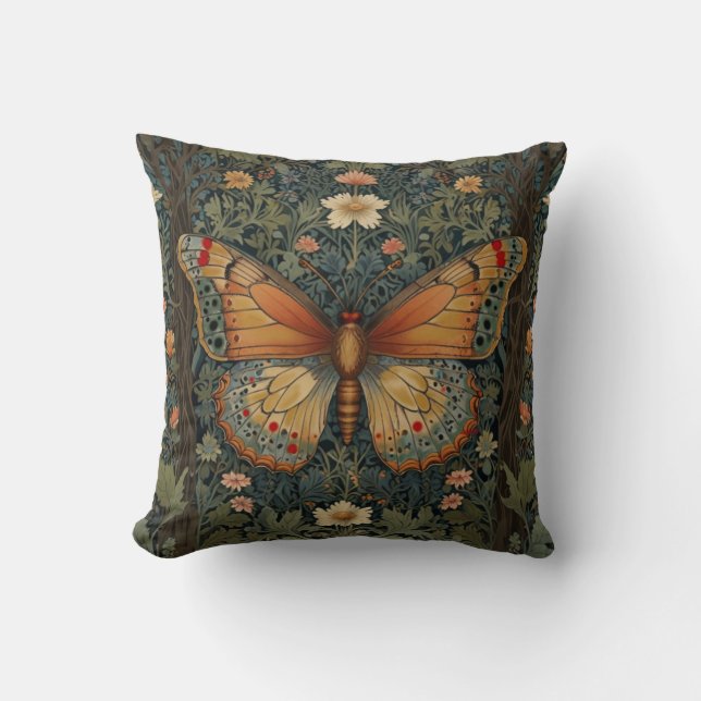 Elegant retro boho butterfly botanical greenery cushion (Front)