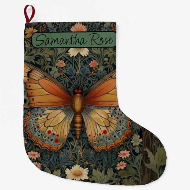 Elegant retro boho butterfly botanical greenery large christmas stocking (Front)