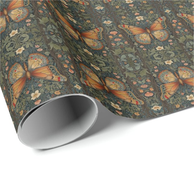 Elegant retro boho butterfly botanical greenery wrapping paper (Roll Corner)