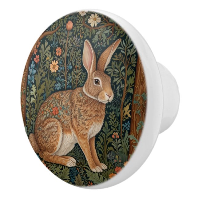 Elegant retro boho rabbit woodland floral ceramic knob (Right)