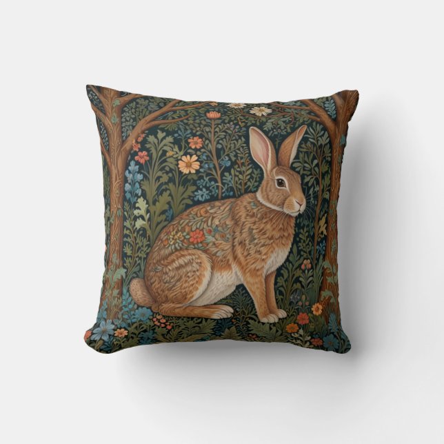 Elegant retro boho rabbit woodland floral cushion (Front)