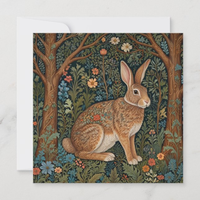 Elegant retro boho rabbit woodland floral Easter Holiday Card (Front)