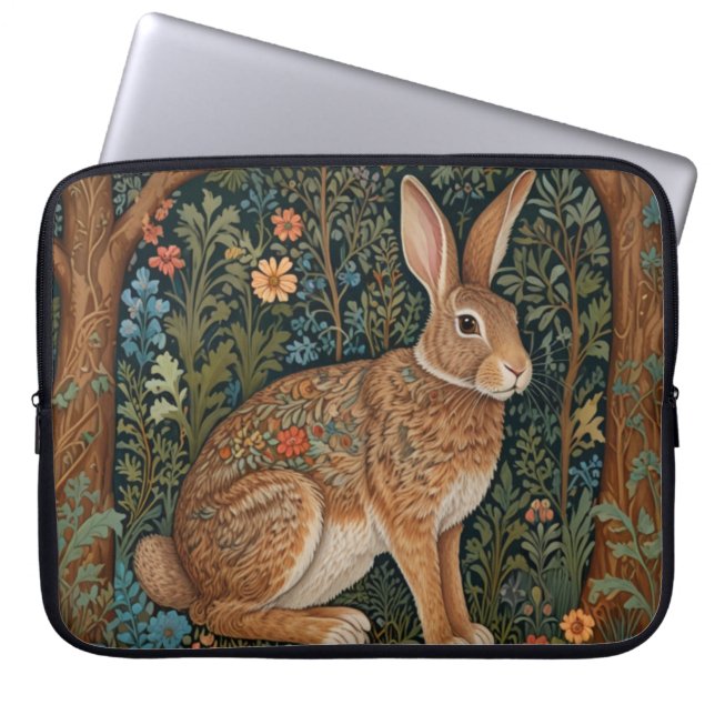 Elegant retro boho rabbit woodland floral laptop sleeve (Front)