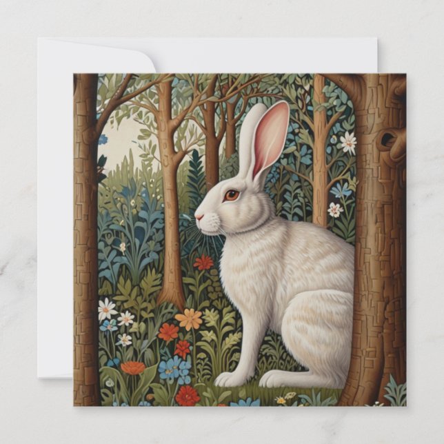 Elegant retro boho rwhite abbit woodland floral invitation (Front)