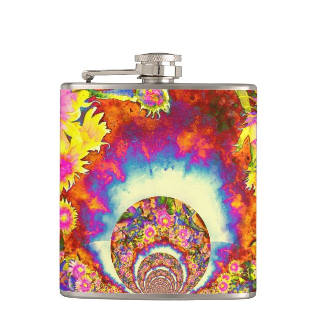 Elegant retro boho watercolor sunflower fields hip flask (Front)