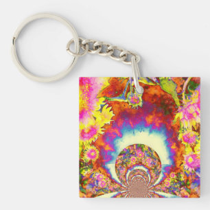 Elegant retro boho watercolor sunflower fields key ring