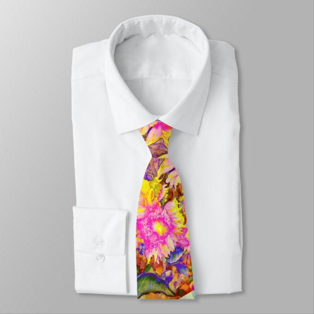 Elegant retro boho watercolor sunflower fields tie (Tied)