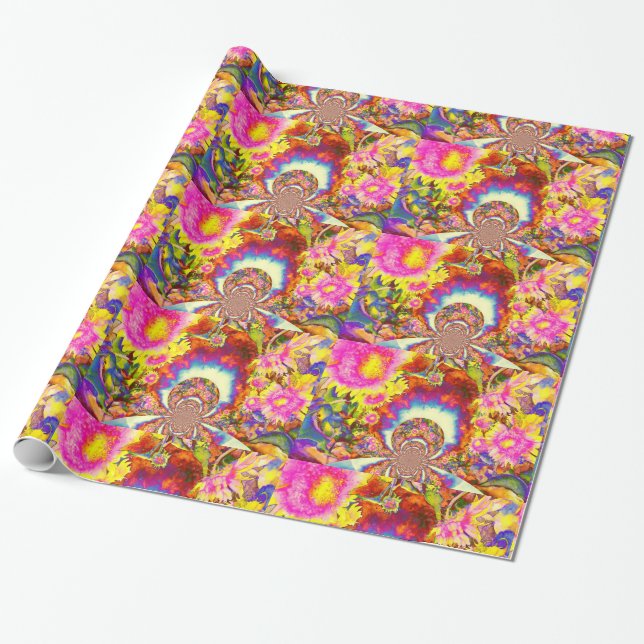 Elegant retro boho watercolor sunflower fields wrapping paper (Unrolled)