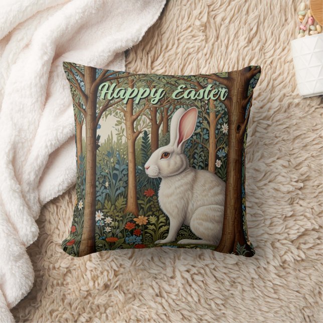 Elegant retro boho white rabbit woodland Easter Cushion (Blanket)