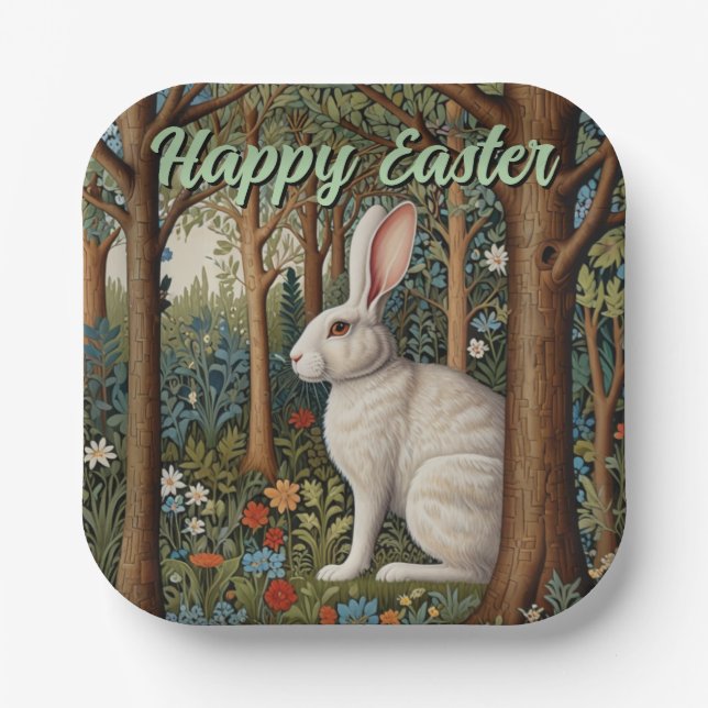 Elegant retro boho white rabbit woodland Easter Paper Plate (Front)