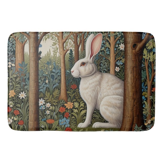 Elegant retro boho white rabbit woodland floral bath mat (Front)