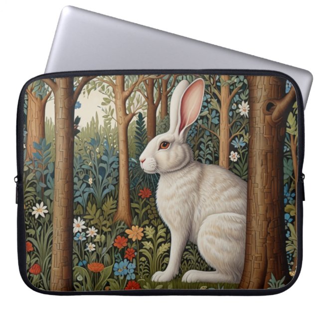 Elegant retro boho white rabbit woodland floral laptop sleeve (Front)