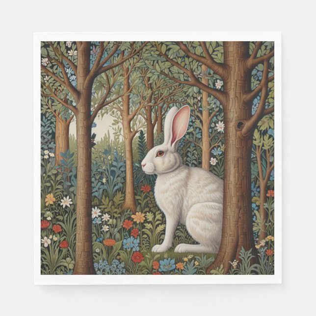 Elegant retro boho white rabbit woodland floral napkin (Front)