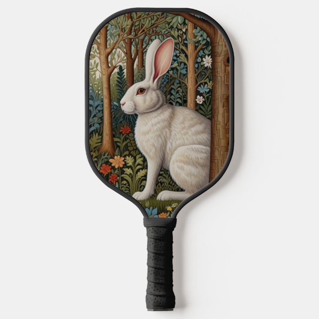 Elegant retro boho white rabbit woodland floral pickleball paddle (Front)