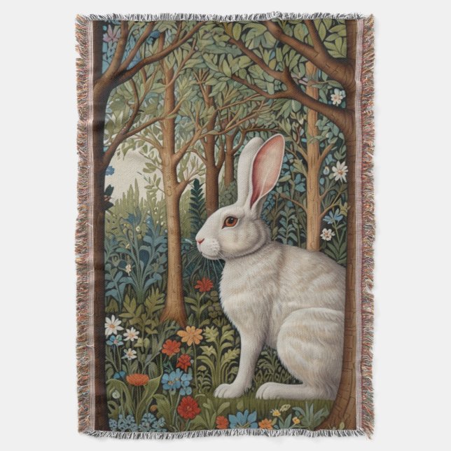 Elegant retro boho white rabbit woodland floral throw blanket (Front Vertical)