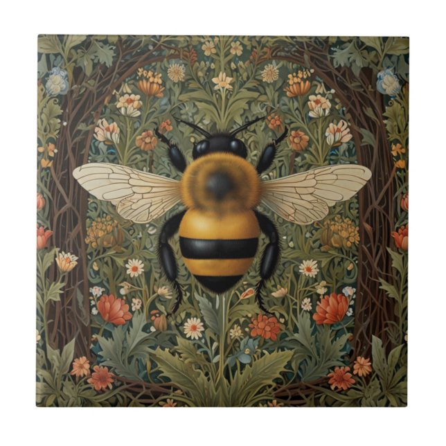 Elegant retro bumblebee boho botanical floral art ceramic tile (Front)