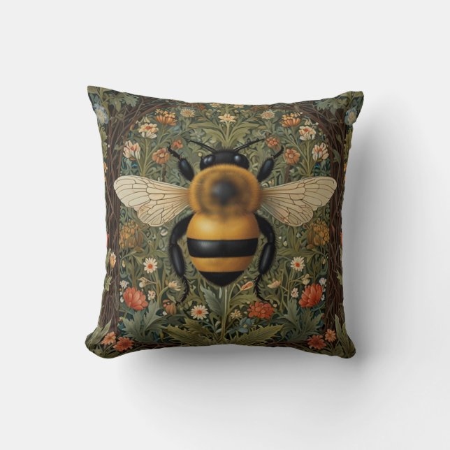 Elegant retro bumblebee boho botanical floral art cushion (Front)