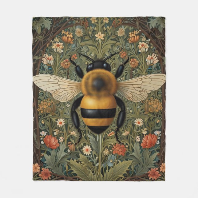 Elegant retro bumblebee boho botanical floral art fleece blanket (Front)