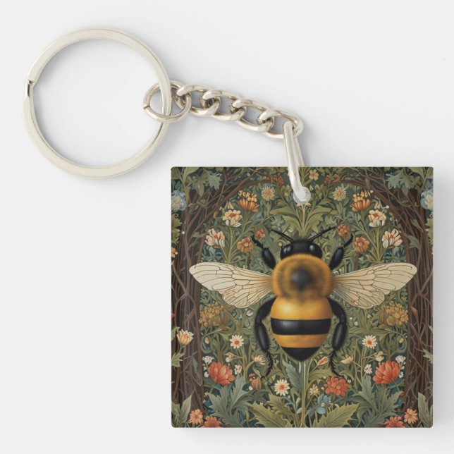 Elegant retro bumblebee boho botanical floral art key ring (Front)