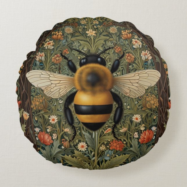 Elegant retro bumblebee boho botanical floral art round cushion (Front)