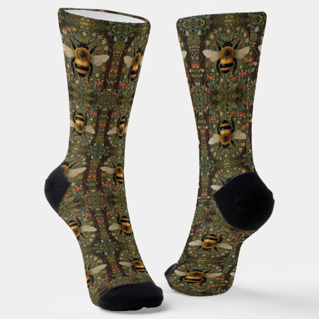 Elegant retro bumblebee boho botanical floral art socks (Angled)