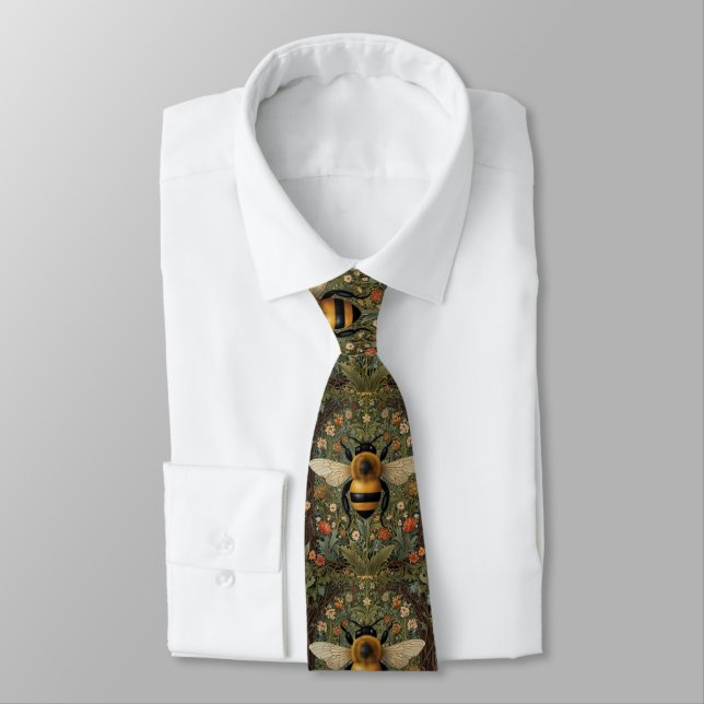 Elegant retro bumblebee boho botanical floral art tie (Tied)