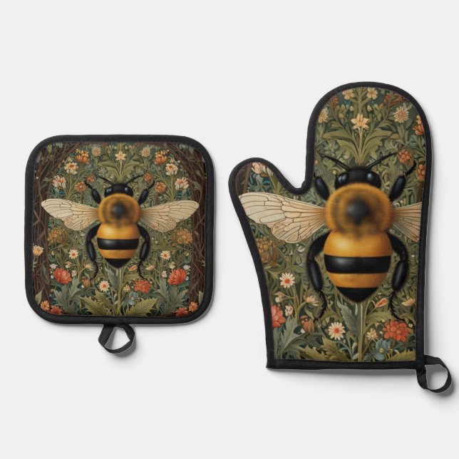 Elegant retro bumblebee boho botanical floral  oven mitt & pot holder set (Front)