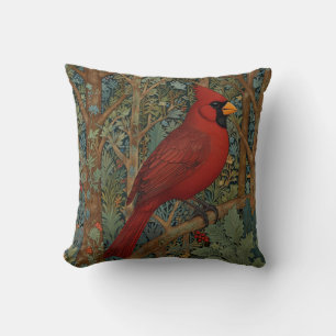 Elegant Retro Cardinal Art Nouveau red bird Cushion