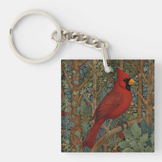 Elegant Retro Cardinal Art Nouveau red bird  Key Ring (Front)