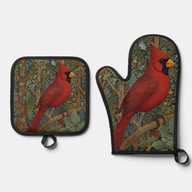 Elegant Retro Cardinal Art Nouveau red bird  Oven Mitt & Pot Holder Set (Front)
