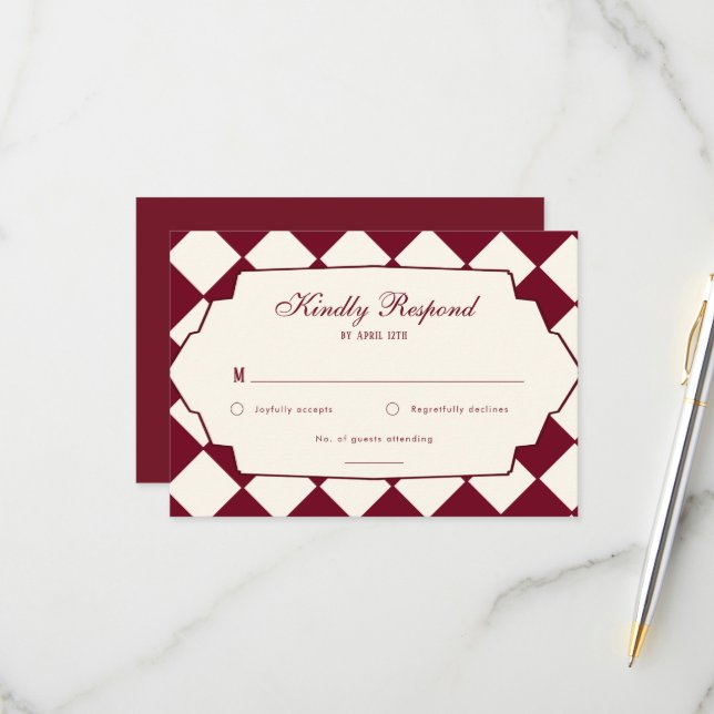 Elegant Retro Checkered Burgundy Wedding RSVP Card (Front/Back In Situ)