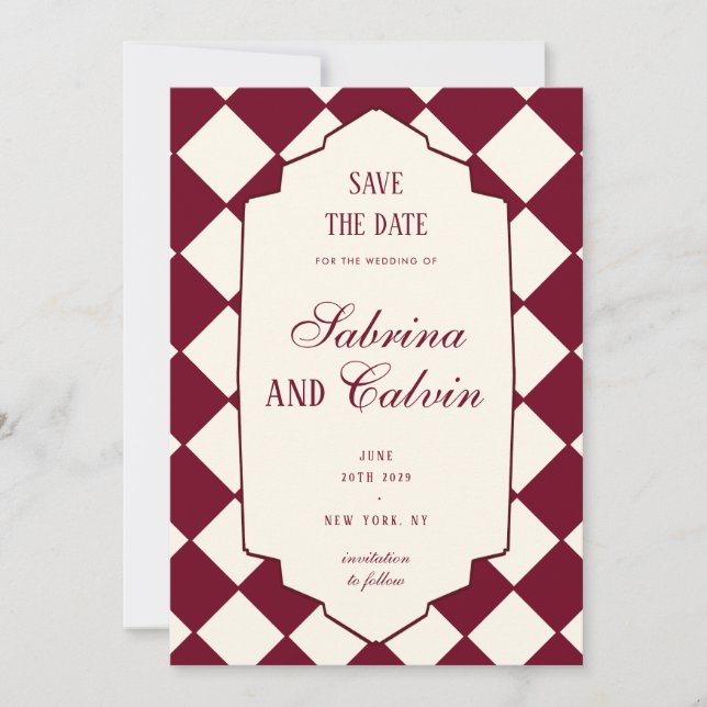 Elegant Retro Checkered Burgundy Wedding Save The Date (Front)