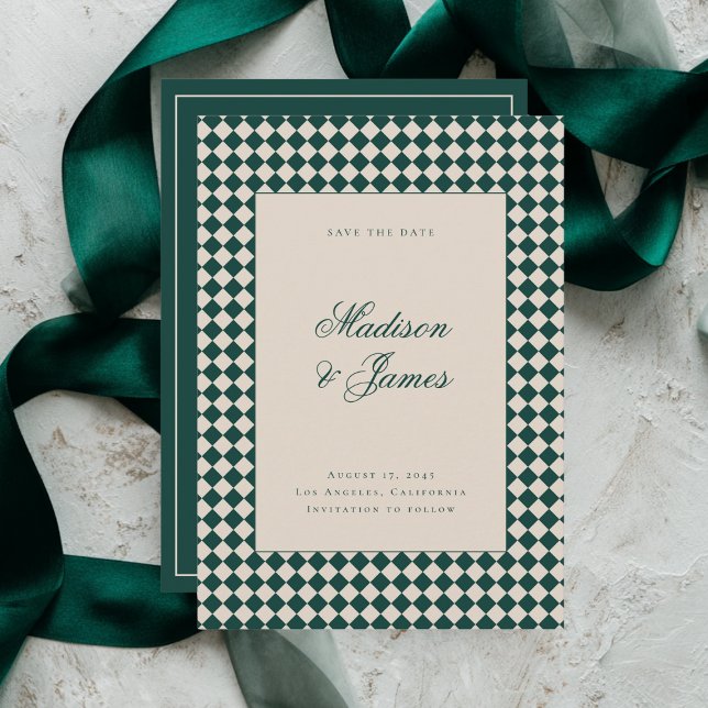 Elegant Retro Checkered Green Beige Wedding Save The Date (Creator Uploaded)