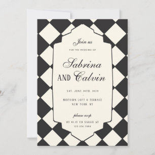 Elegant Retro Chequered Black And Cream Wedding Invitation