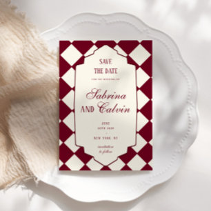 Elegant Retro Chequered Burgundy Wedding Save The Date