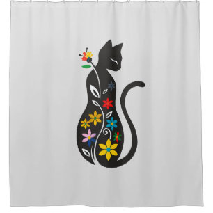 Elegant Retro Chic Black Cat flowers Shower Curtain