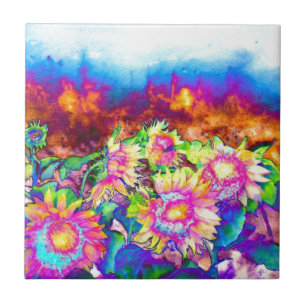 Elegant retro colourful abstract Sunflower fields Ceramic Tile