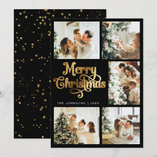 Elegant Retro Faux Gold Merry Christmas Family Holiday Card