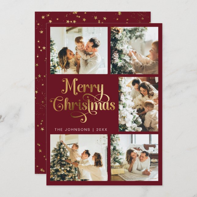 Elegant Retro Faux Gold Merry Christmas Family Holiday Card (Front/Back)