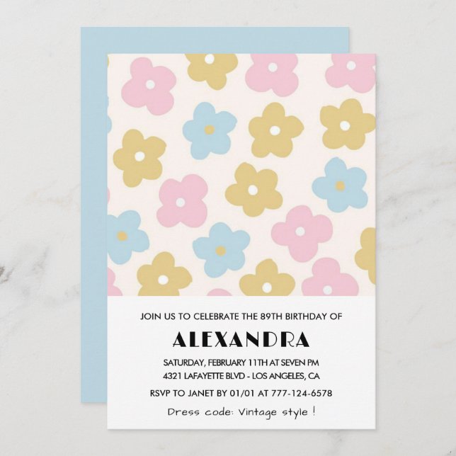 Elegant Retro Floral 89th birthday invitations  (Front/Back)